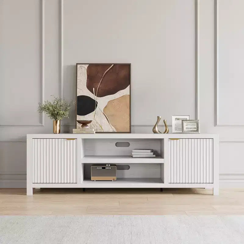 Meuble TV Garvee cannelé pour 80 pouces, meuble de divertissement moderne avec rangement, meuble média en bois avec porte cannelée pour salon