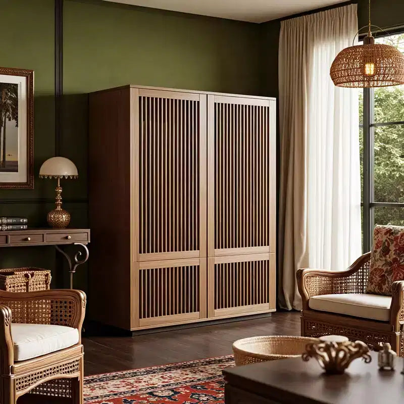 Luck Live Farmhouse 34.84 inch storage corner cabinet in walnut color.
