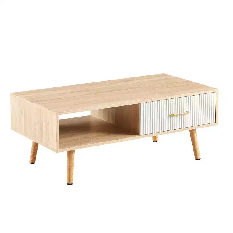 Table basse rectangulaire couleur bois naturel avec pieds en bois massif et tiroir coulissant