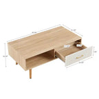 Table basse rectangulaire couleur bois naturel avec pieds en bois massif et tiroir coulissant