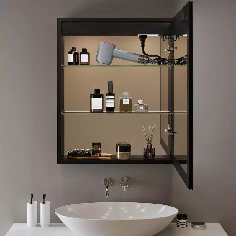 Armoire à pharmacie Flora avec miroirs et lumières, meuble de salle de bain encastré/mural avec lumière 3 modes, intensité variable, anti-buée, noir