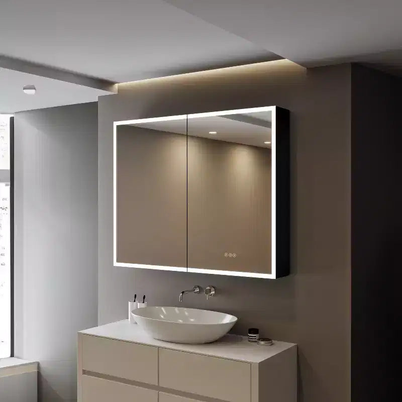 Armoire à pharmacie Flora avec miroirs et lumières, meuble de salle de bain encastré/mural avec lumière 3 modes, intensité variable, anti-buée, noir