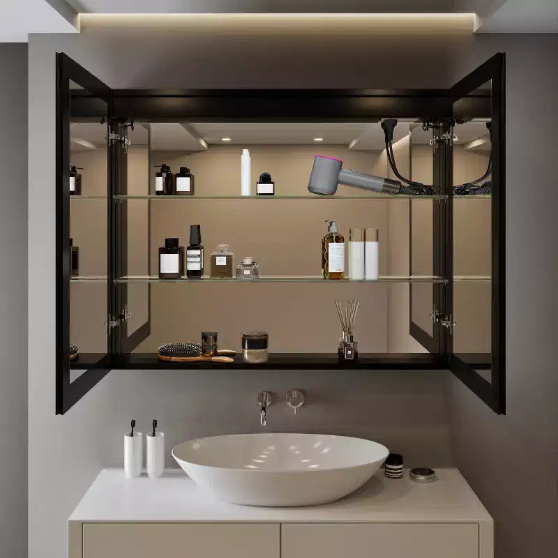 Armoire à pharmacie Flora avec miroirs et lumières, meuble de salle de bain encastré/mural avec lumière 3 modes, intensité variable, anti-buée, noir