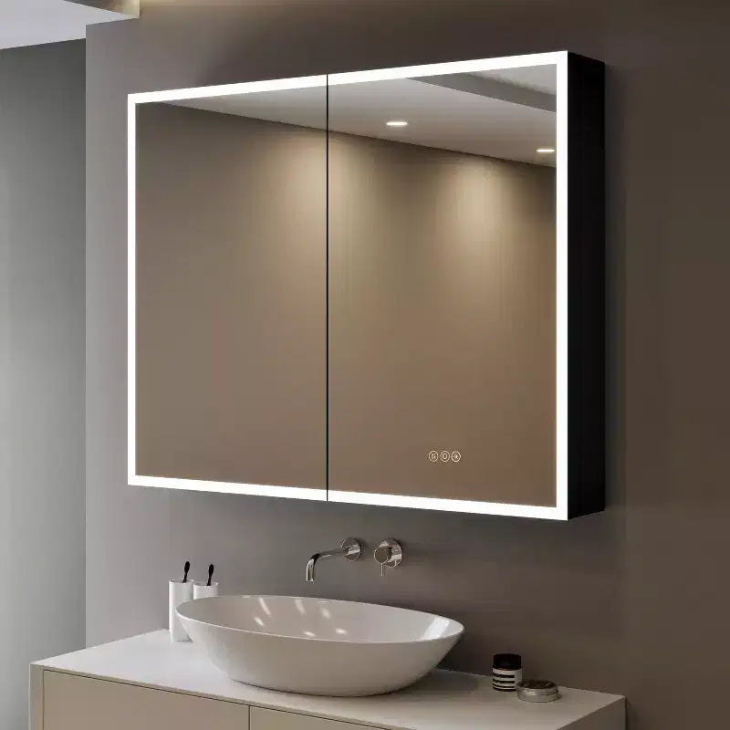 Armoire à pharmacie Flora avec miroirs et lumières, meuble de salle de bain encastré/mural avec lumière 3 modes, intensité variable, anti-buée, noir