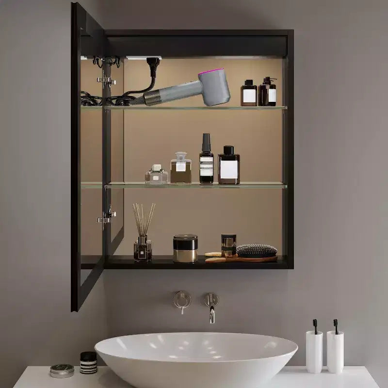 Armoire à pharmacie Flora avec miroirs et lumières, meuble de salle de bain encastré/mural avec lumière 3 modes, intensité variable, anti-buée, noir