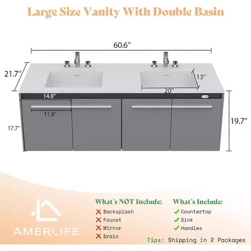 Meuble-lavabo flottant double AMERLIFE LED avec lavabo intégré