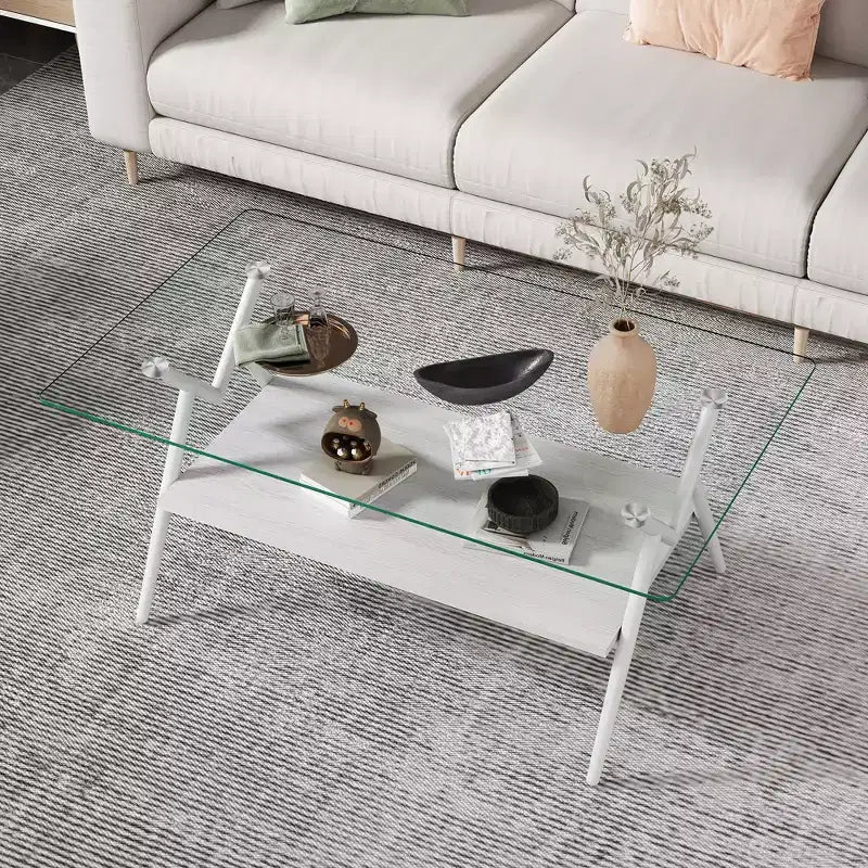 Ensemble de 3 tables basses et tables d'appoint, Table en verre trempé avec couche de MDF, Tables modernes pour salon, Verre transparent