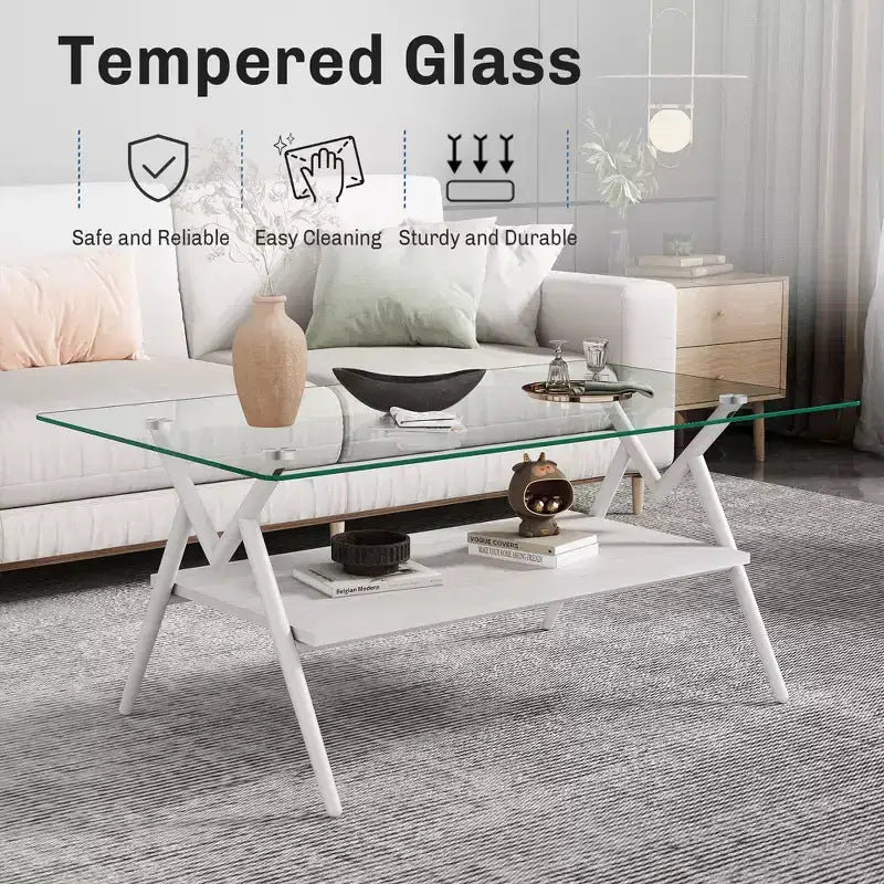 Ensemble de 3 tables basses et tables d'appoint, Table en verre trempé avec couche de MDF, Tables modernes pour salon, Verre transparent