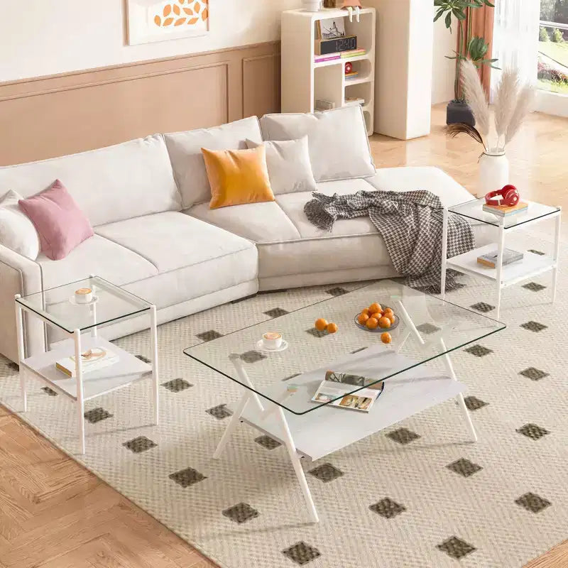 Ensemble de 3 tables basses et tables d'appoint, Table en verre trempé avec couche de MDF, Tables modernes pour salon, Verre transparent