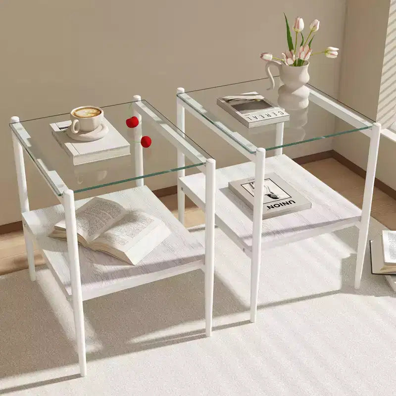 Lot de 2 tables d'appoint rectangulaires, plateau en verre trempé avec couche MDF, verre transparent