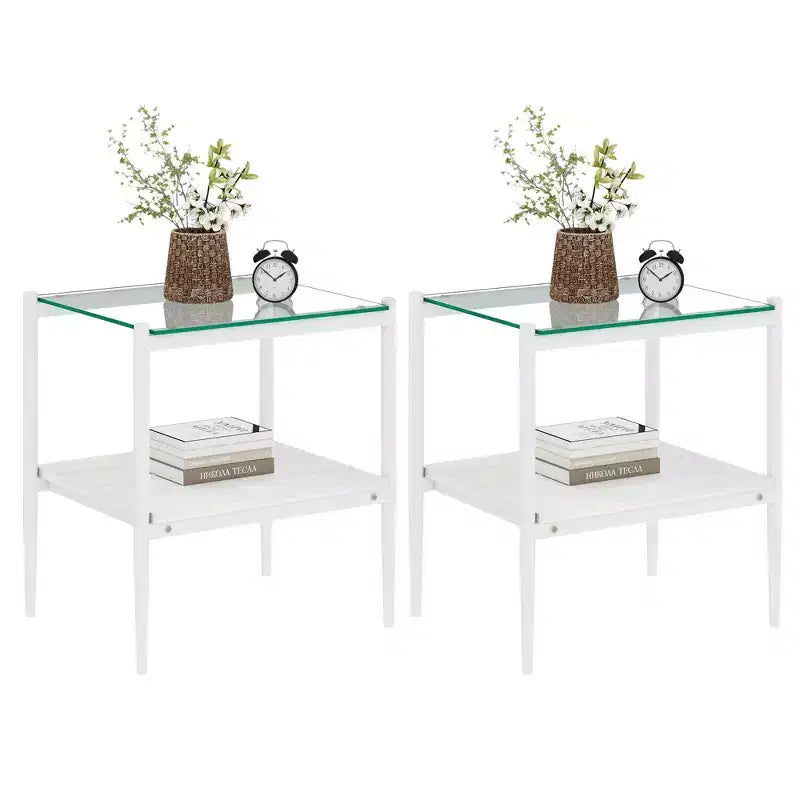 Lot de 2 tables d'appoint rectangulaires, plateau en verre trempé avec couche MDF, verre transparent