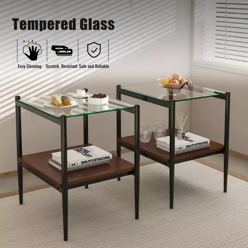 Lot de 2 tables d'appoint rectangulaires, plateau en verre trempé avec couche MDF, verre transparent