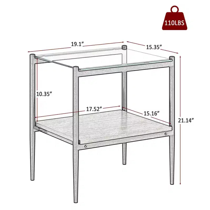 Lot de 2 tables d'appoint rectangulaires, plateau en verre trempé avec couche MDF, verre transparent