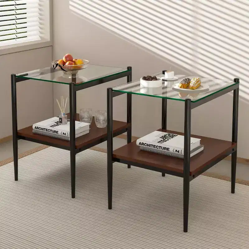 Lot de 2 tables d'appoint rectangulaires, plateau en verre trempé avec couche MDF, verre transparent