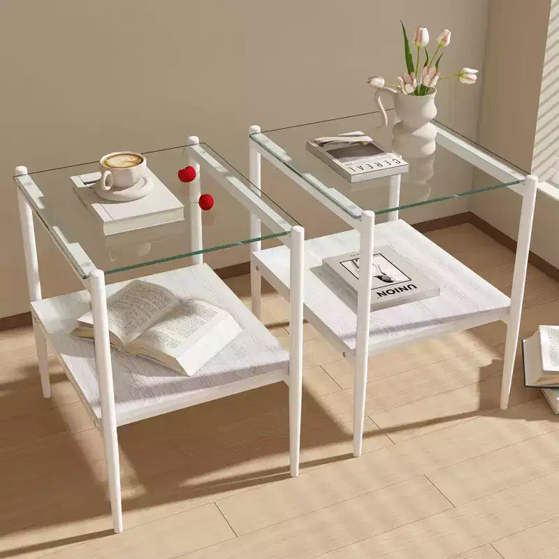 Lot de 2 tables d'appoint rectangulaires, plateau en verre trempé avec couche MDF, verre transparent