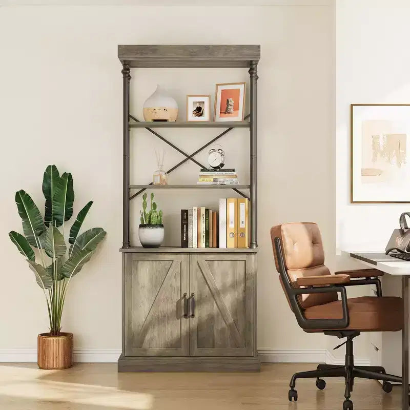 Bibliothèque avec portes, étagère en bois et métal de 188 cm de haut avec armoire de rangement, étagère ouverte vintage