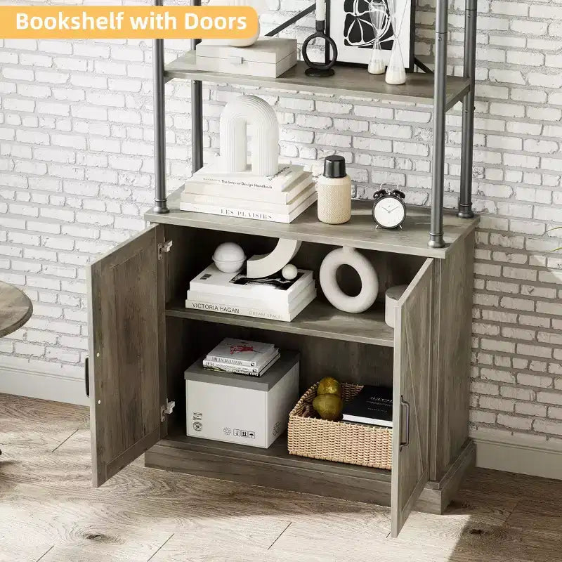 Bibliothèque avec portes, étagère en bois et métal de 188 cm de haut avec armoire de rangement, étagère ouverte vintage