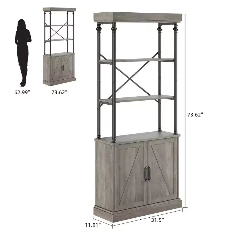 Bibliothèque avec portes, étagère en bois et métal de 188 cm de haut avec armoire de rangement, étagère ouverte vintage