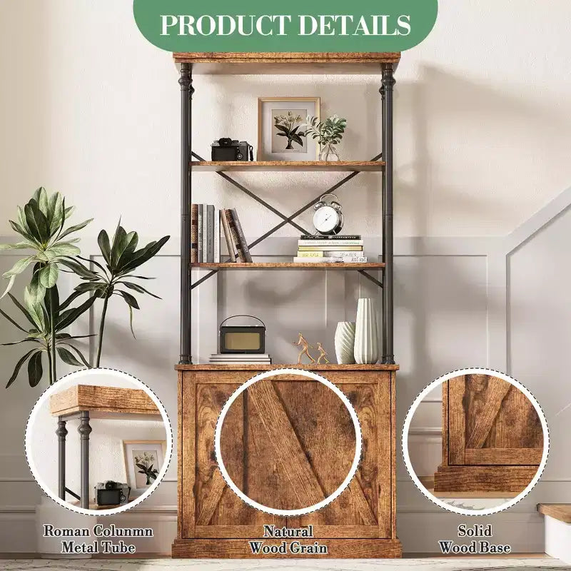 Bibliothèque avec portes, étagère en bois et métal de 188 cm de haut avec armoire de rangement, étagère ouverte vintage