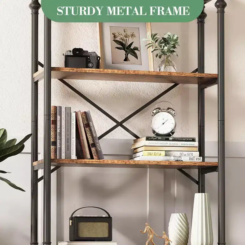 Bibliothèque avec portes, étagère en bois et métal de 188 cm de haut avec armoire de rangement, étagère ouverte vintage