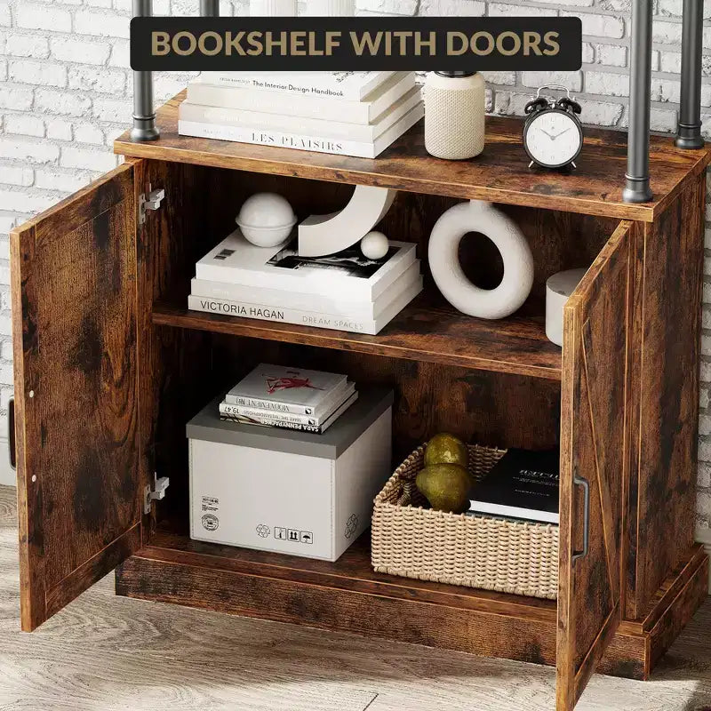 Bibliothèque avec portes, étagère en bois et métal de 188 cm de haut avec armoire de rangement, étagère ouverte vintage