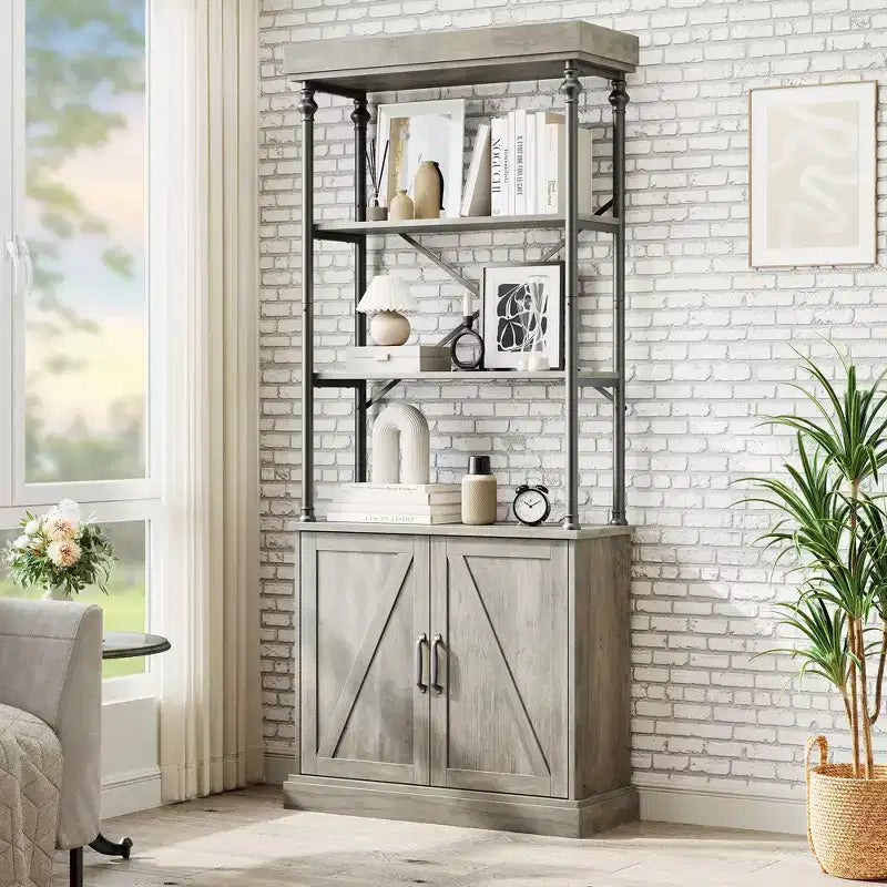 Bibliothèque avec portes, étagère en bois et métal de 188 cm de haut avec armoire de rangement, étagère ouverte vintage