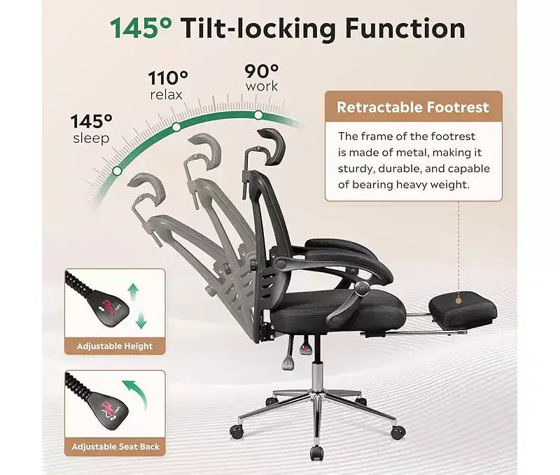 Chaise de bureau ergonomique à dossier haut GALAXHERO avec repose-pieds, grande et haute, réglable, inclinable avec support lombaire, vérin à gaz SGS classe 4
