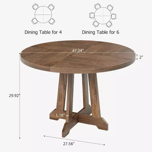 Table à manger ronde de 47 pouces pour 4 personnes, table de cuisine style ferme, meuble de salle à manger classique, table ronde en bois, pour cuisine, salle à manger