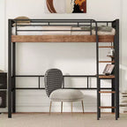 Lit mezzanine Okak industriel double/grand format avec bureau intégré, lit superposé en métal avec étagères de rangement et échelle, lits mezzanine multifonctionnels pour adolescents et adultes