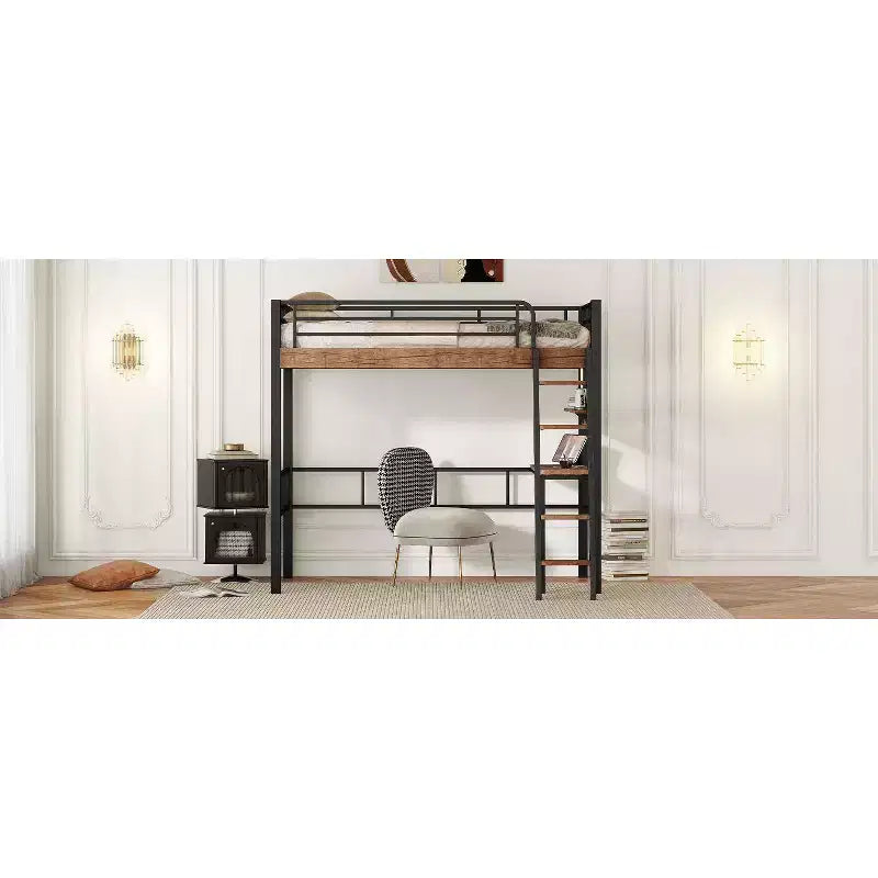 Lit mezzanine Okak industriel double/grand format avec bureau intégré, lit superposé en métal avec étagères de rangement et échelle, lits mezzanine multifonctionnels pour adolescents et adultes