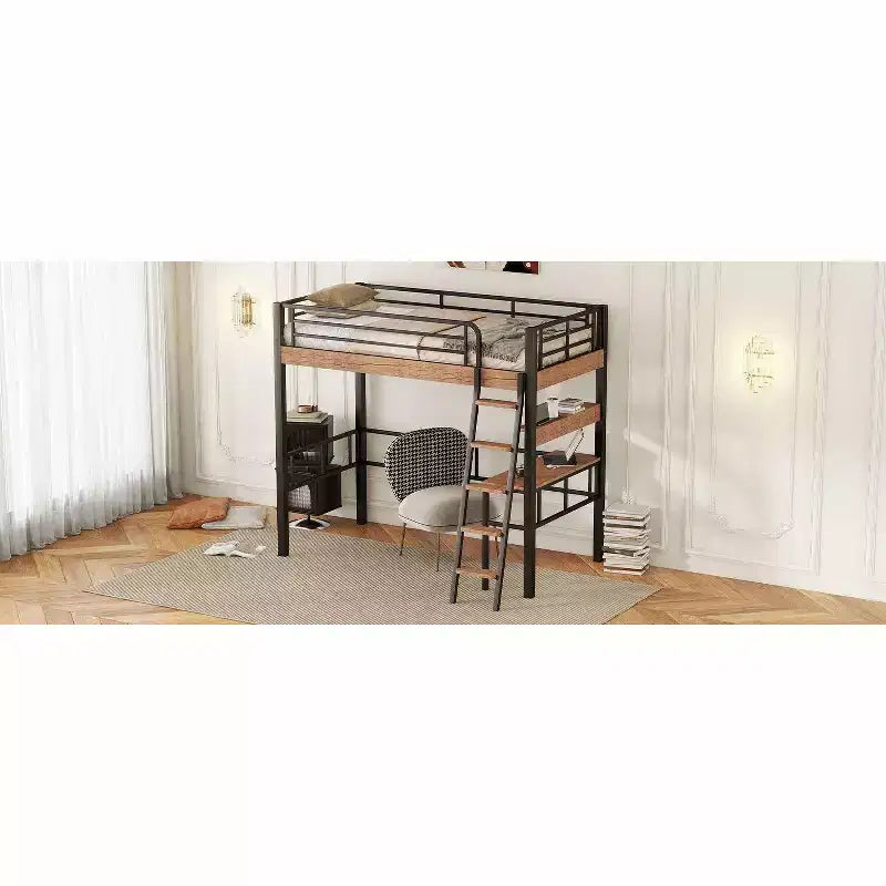 Lit mezzanine Okak industriel double/grand format avec bureau intégré, lit superposé en métal avec étagères de rangement et échelle, lits mezzanine multifonctionnels pour adolescents et adultes