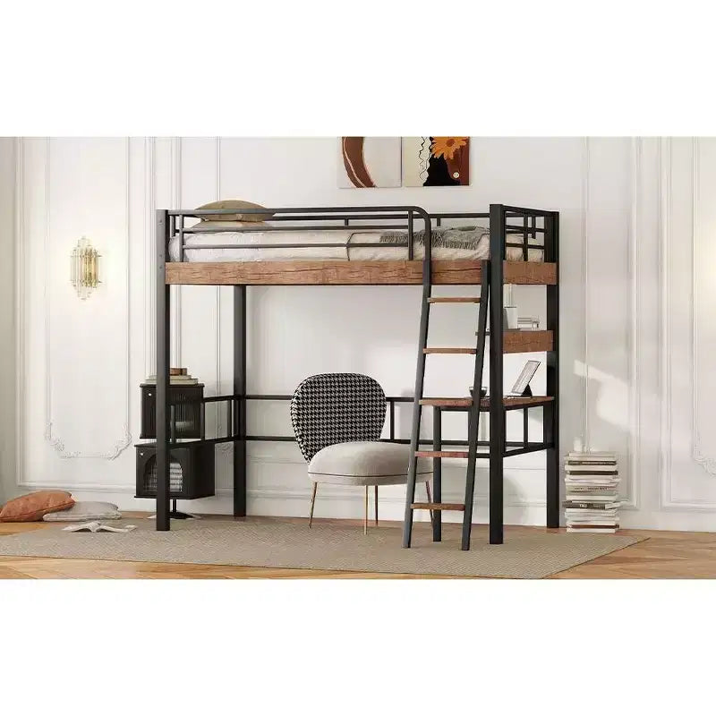 Lit mezzanine Okak industriel double/grand format avec bureau intégré, lit superposé en métal avec étagères de rangement et échelle, lits mezzanine multifonctionnels pour adolescents et adultes