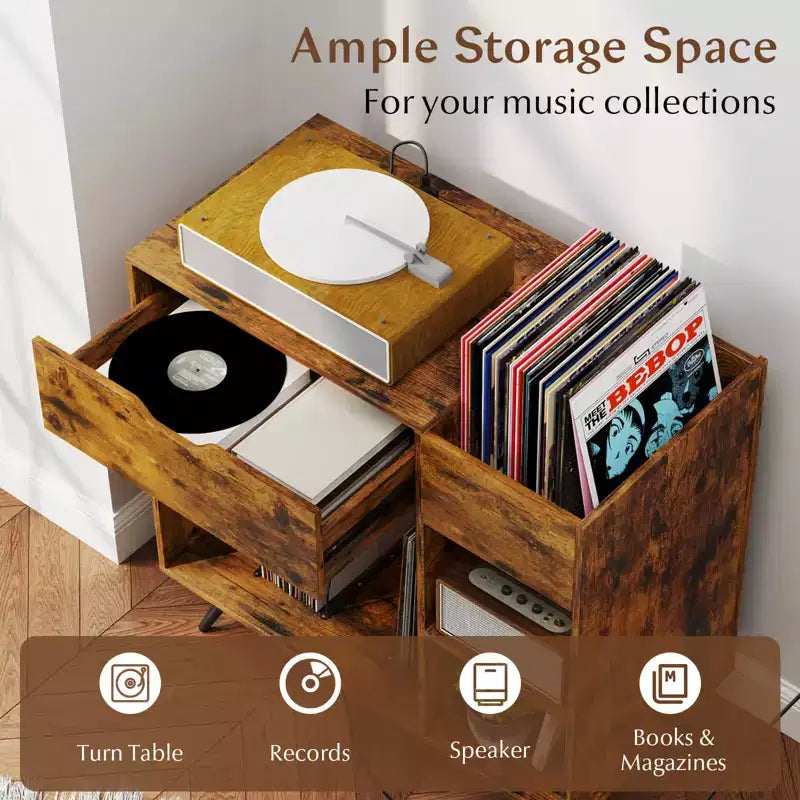Meuble tourne-disque Costway avec prise de courant, tiroir, séparateur amovible, meuble de présentation industriel pour platine vinyle