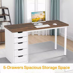 MAYEERTY Bureau d'ordinateur 119 cm avec 5 tiroirs blancs, bureau de télétravail en bois composite de 3 cm d'épaisseur avec pieds en métal blanc
