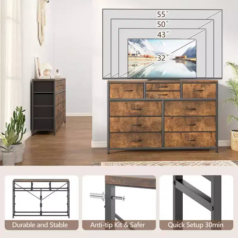 Commode double usage à 10 tiroirs et meuble TV, centre de divertissement pour téléviseurs de 55 pouces, organisateur de rangement pour chambre/salon/entrée