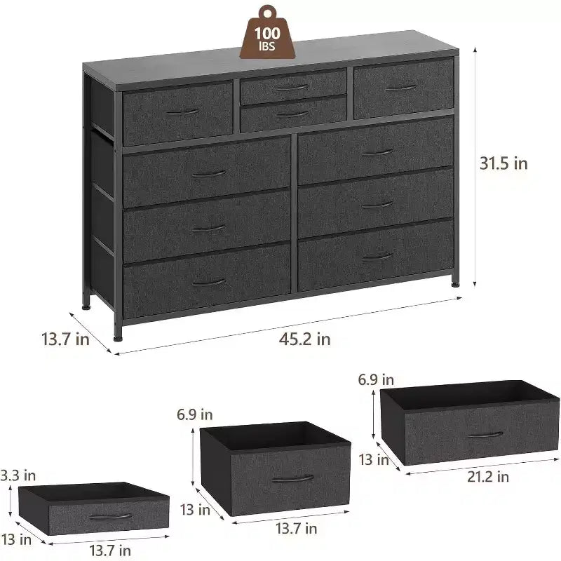 Commode double usage à 10 tiroirs et meuble TV, centre de divertissement pour téléviseurs de 55 pouces, organisateur de rangement pour chambre/salon/entrée