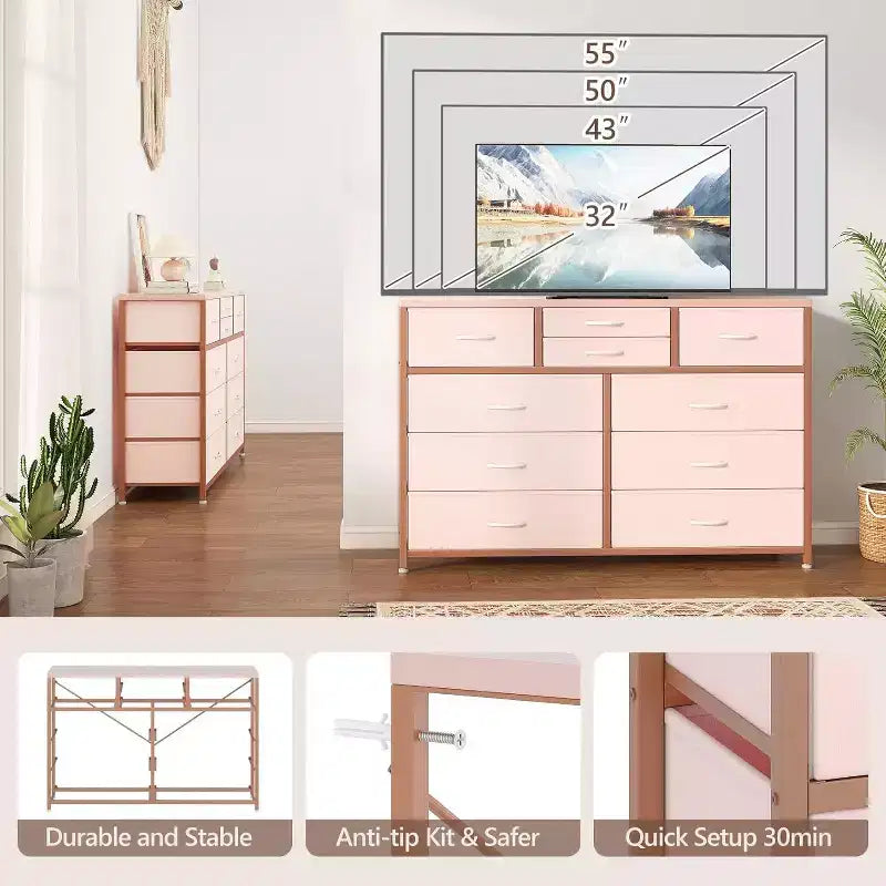 Commode double usage à 10 tiroirs et meuble TV, centre de divertissement pour téléviseurs de 55 pouces, organisateur de rangement pour chambre/salon/entrée