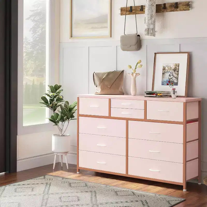 Commode double usage à 10 tiroirs et meuble TV, centre de divertissement pour téléviseurs de 55 pouces, organisateur de rangement pour chambre/salon/entrée