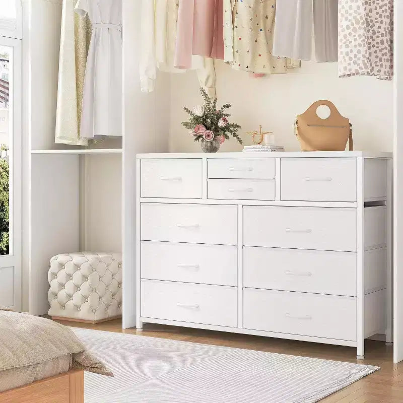 Commode double usage à 10 tiroirs et meuble TV, centre de divertissement pour téléviseurs de 55 pouces, organisateur de rangement pour chambre/salon/entrée