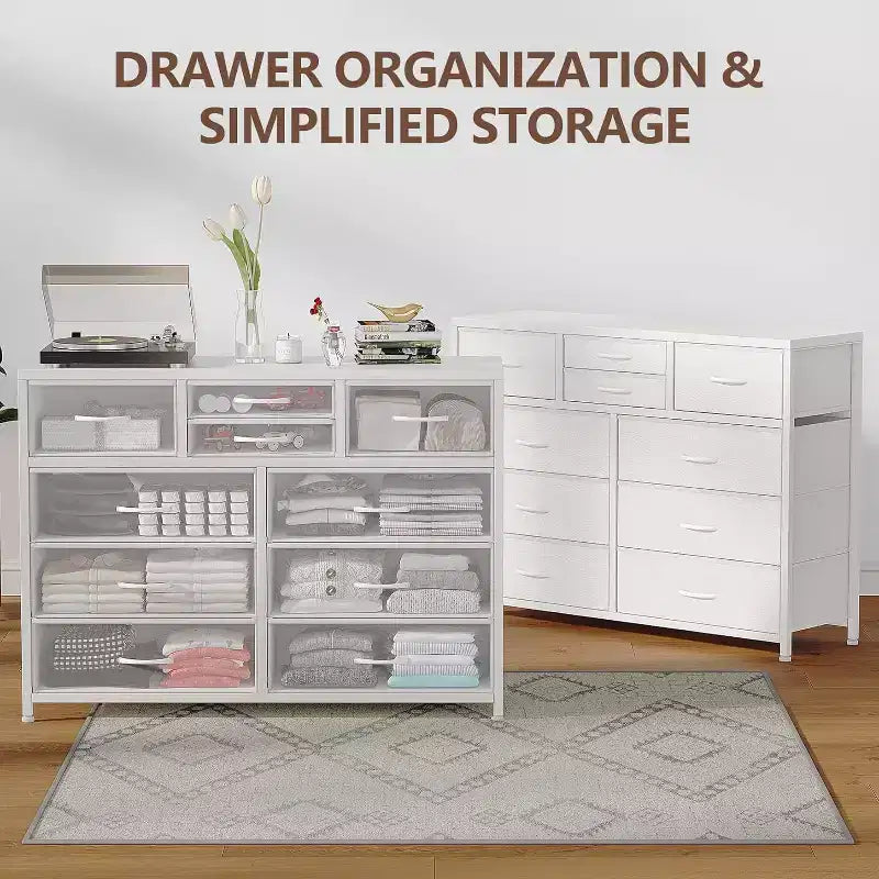 Commode double usage à 10 tiroirs et meuble TV, centre de divertissement pour téléviseurs de 55 pouces, organisateur de rangement pour chambre/salon/entrée