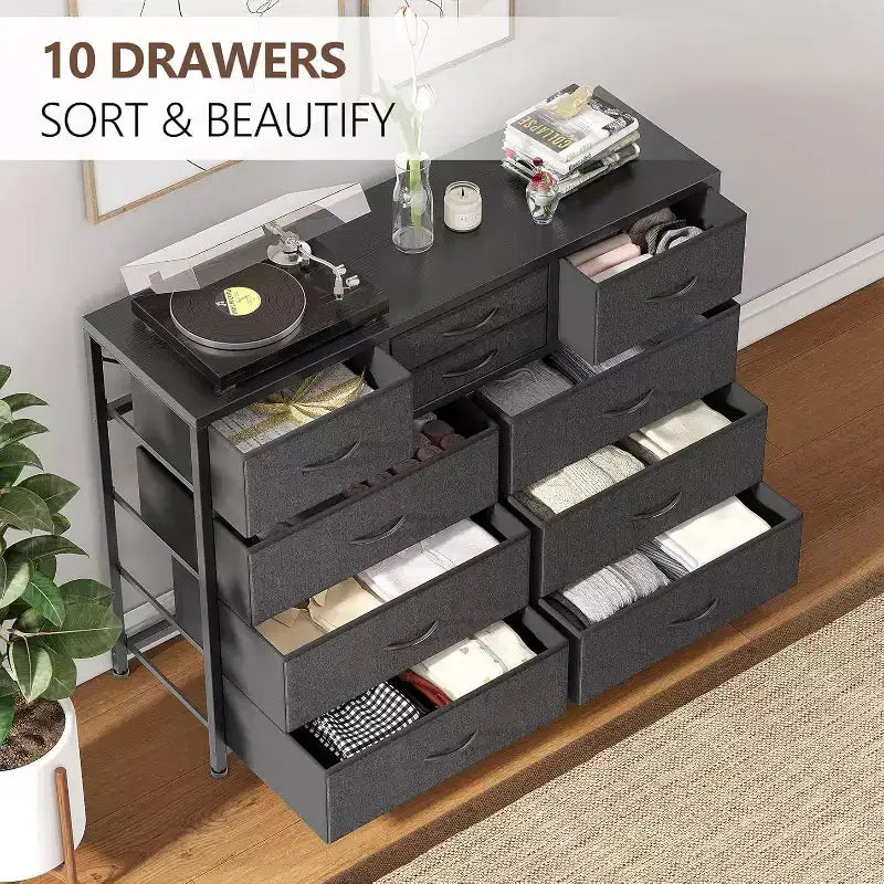 Commode double usage à 10 tiroirs et meuble TV, centre de divertissement pour téléviseurs de 55 pouces, organisateur de rangement pour chambre/salon/entrée