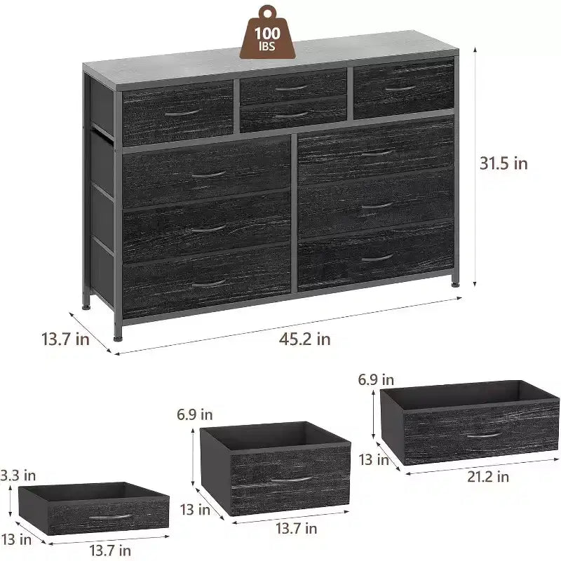 Commode double usage à 10 tiroirs et meuble TV, centre de divertissement pour téléviseurs de 55 pouces, organisateur de rangement pour chambre/salon/entrée