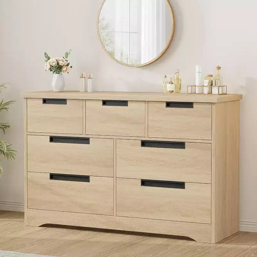 Commode 7 tiroirs pour chambre à coucher, poignées intégrées, meuble de rangement moderne en bois, rangement compact peu encombrant, pour salon, couloir