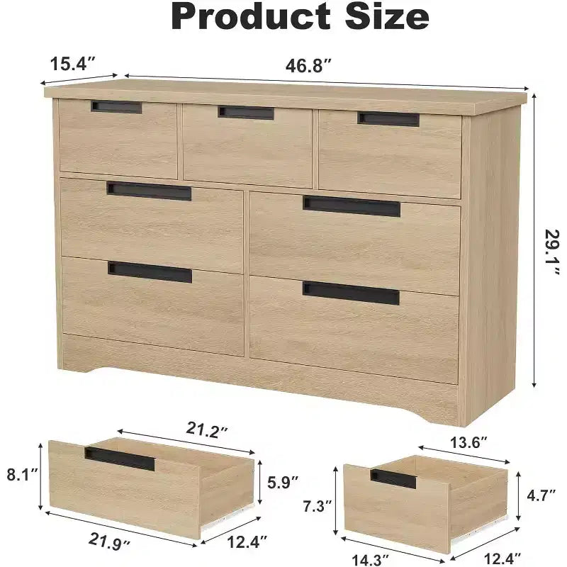 Commode 7 tiroirs pour chambre à coucher, poignées intégrées, meuble de rangement moderne en bois, rangement compact peu encombrant, pour salon, couloir