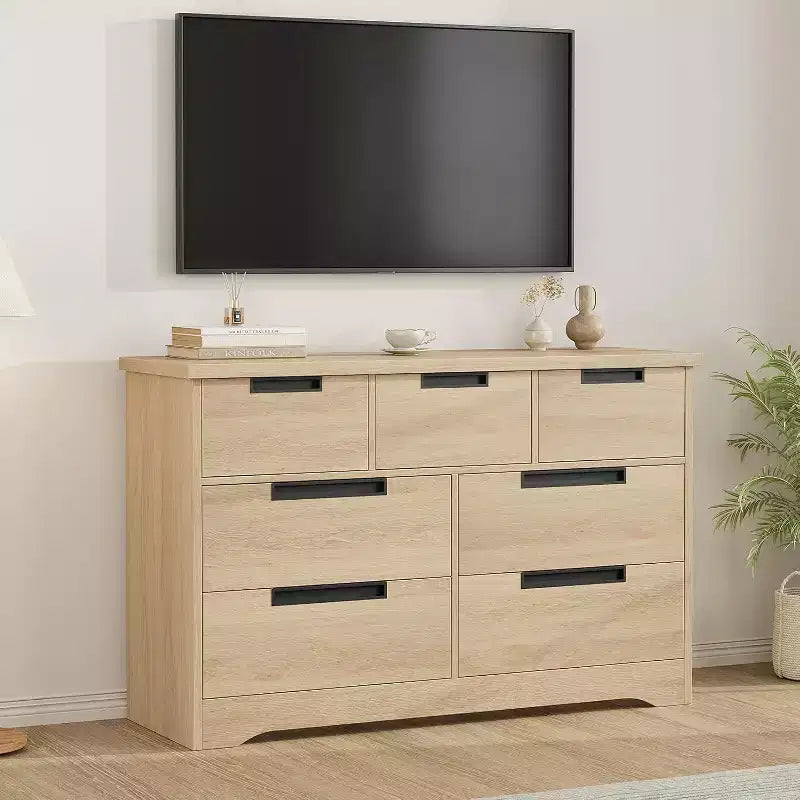 Commode 7 tiroirs pour chambre à coucher, poignées intégrées, meuble de rangement moderne en bois, rangement compact peu encombrant, pour salon, couloir