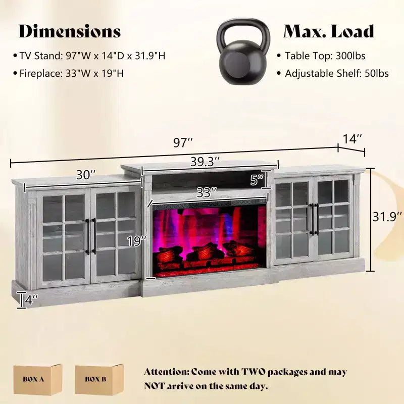 Meuble TV de cheminée AMERLIFE, 97 cm, étagère réglable, grand espace de rangement, console multimédia