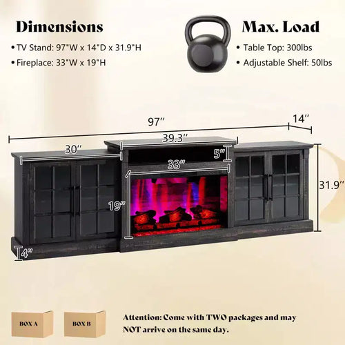 Meuble TV de cheminée AMERLIFE, 97 cm, étagère réglable, grand espace de rangement, console multimédia