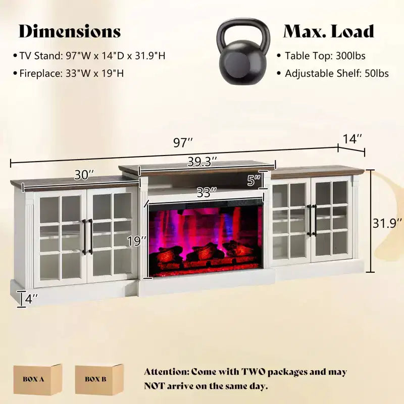 Meuble TV de cheminée AMERLIFE, 97 cm, étagère réglable, grand espace de rangement, console multimédia