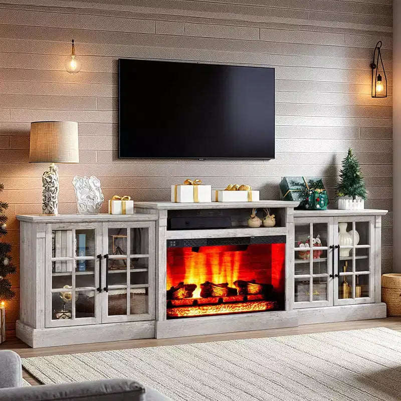 Meuble TV de cheminée AMERLIFE, 97 cm, étagère réglable, grand espace de rangement, console multimédia
