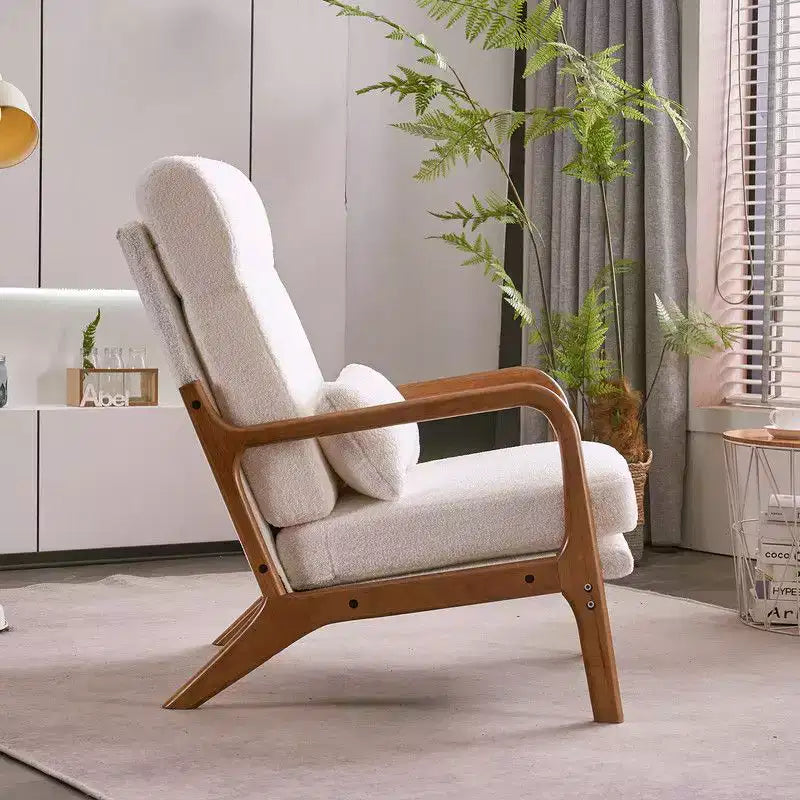 Chaise de loisirs d'intérieur Karl Home à dossier haut en bois massif, accoudoirs, structure en fer et lin